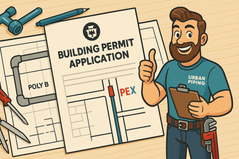 Vancouver Poly B Repiping Costs: Metro Pricing & Cost Factors 5 Illustration of a smiling plumber in Urban Piping uniform holding a clipboard, next to a building permit application and plumbing plans showing poly b to pex pipe replacement