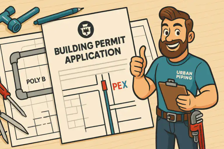 Illustration of a smiling plumber in Urban Piping uniform holding a clipboard, next to a building permit application and plumbing plans showing poly b to pex pipe replacement