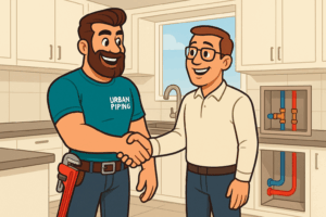 Plumbing professional from Urban Piping shaking hands with a satisfied homeowner in a modern kitchen after discussing poly b replacement cost in Vancouver