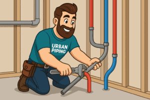 cartoon plumber from urban piping installing poly b pipes in a residential wall with visible red and blue water lines