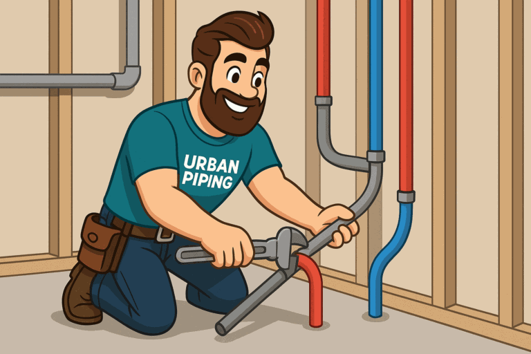 cartoon plumber from urban piping installing poly b pipes in a residential wall with visible red and blue water lines