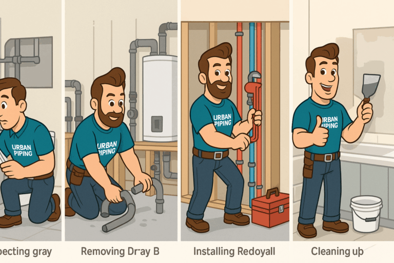 Step by step illustration of a plumber from Urban Piping inspecting gray poly b pipes, removing old piping, installing new red and blue piping, and performing cleanup in a condo utility room