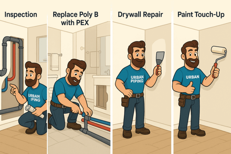 Illustration of Urban Piping technician performing poly b replacement steps including inspection, replacing poly b with pex, drywall repair, and paint touch up