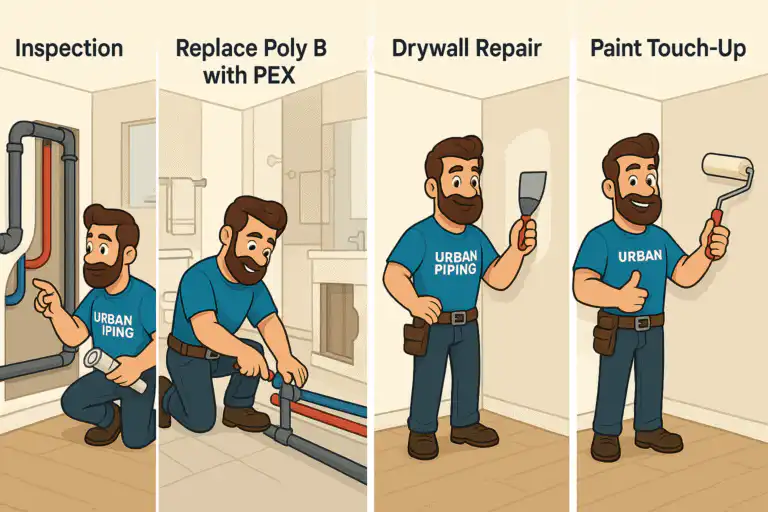 Illustration of Urban Piping technician performing poly b replacement steps including inspection, replacing poly b with pex, drywall repair, and paint touch up