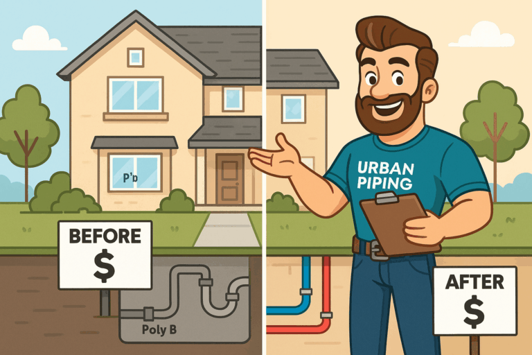 Calgary Poly B Pipe Timeline: When Deterioration Requires Action 1 Illustration comparing a Calgary home before and after poly b pipe replacement, showing old grey poly b plumbing being upgraded by Urban Piping to modern red and blue pipes with cost savings indicated
