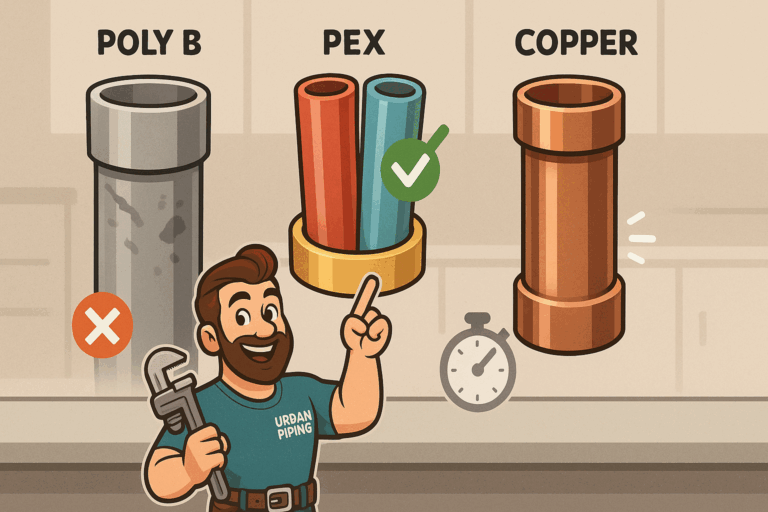 Calgary Poly B Pipe Timeline: When Deterioration Requires Action 3 Cartoon plumber from Urban Piping comparing poly b, PEX, and copper pipes with check mark and timer, illustrating pipe replacement options in Calgary