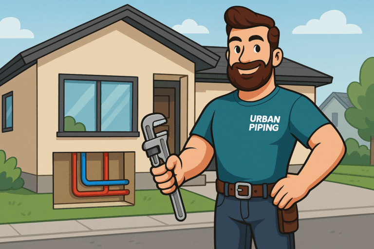 Calgary Poly B Pipe Timeline: When Deterioration Requires Action 5 Smiling plumber from Urban Piping holding a wrench outside a residential home with exposed piping, representing poly b replacement services in Calgary