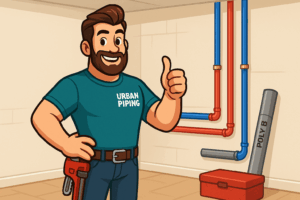 Cartoon plumber wearing Urban Piping shirt giving thumbs up next to new red and blue water lines and old labeled Poly B pipe in a utility room