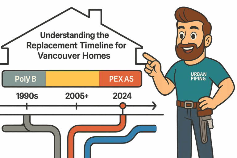 When to Replace Poly B in Vancouver: Timeline & Warning Signs 2 Illustrated timeline showing poly b to pex as plumbing replacement for Vancouver homes with Urban Piping technician mascot