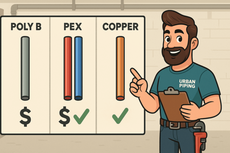 When to Replace Poly B in Vancouver: Timeline & Warning Signs 3 Cartoon plumber from Urban Piping points to a chart comparing poly b, pex, and copper pipes with cost indicators for pipe replacement in Vancouver and surrounding areas