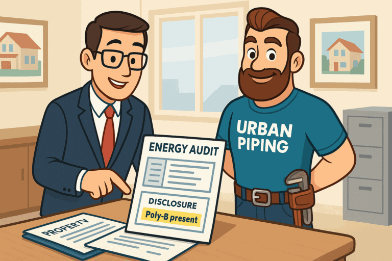 Creating a Poly B Risk Management Plan for Canadian Homeowners 4 Cartoon of a professional discussing an energy audit and poly b piping disclosure with an Urban Piping plumber in a residential office setting.