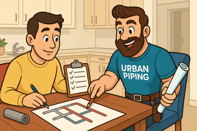 A plumbing expert from Urban Piping reviews a poly b risk management plan with a homeowner in a kitchen, using a schematic and checklist to discuss safe pipe replacement options.