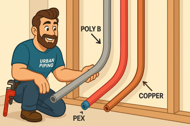 Buying a Vancouver Home with Poly B: Risks, Costs & Negotiation Tips 2 Illustration of a plumber wearing an Urban Piping shirt kneeling next to exposed wall pipes labeled Poly B, PEX, and Copper, demonstrating the differences between these plumbing materials.