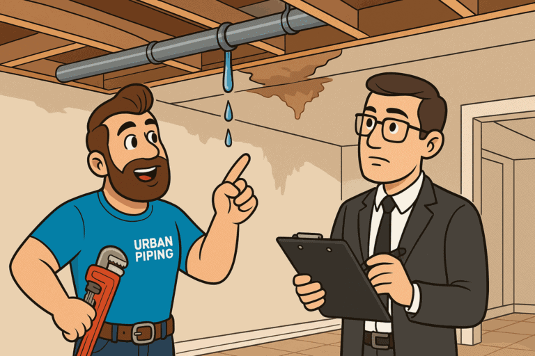 Insurance Coverage for Poly B Water Damage in Canada: What's Covered? 1 A plumber from Urban Piping shows a leaking poly b pipe and ceiling water damage to an insurance adjuster in a Canadian home