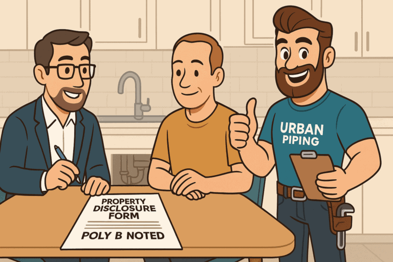 Selling a Canadian Home with Poly B Pipes: Disclosure & Strategy Guide 1 Three people in a kitchen reviewing a property disclosure form with poly b piping noted, one person wearing Urban Piping shirt and giving a thumbs up, illustrating a home sale process in Canada