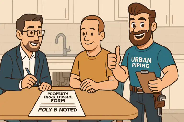 Three people in a kitchen reviewing a property disclosure form with poly b piping noted, one person wearing Urban Piping shirt and giving a thumbs up, illustrating a home sale process in Canada