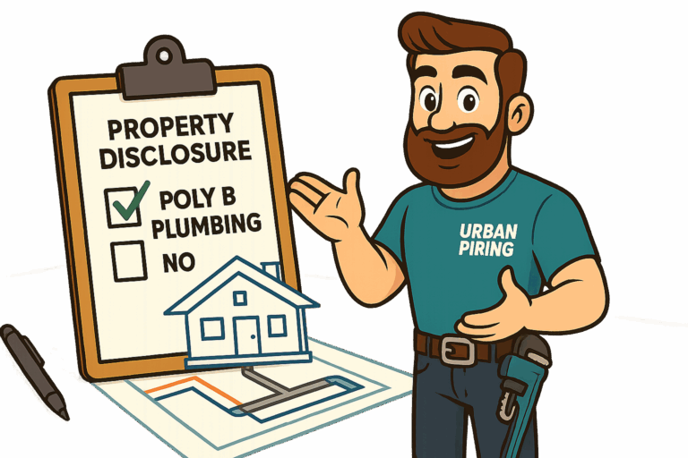 Cartoon plumber with Urban Piping shirt standing beside a clipboard showing property disclosure for poly b plumbing and a diagram of house piping