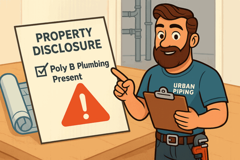 Smiling Urban Piping professional holding a clipboard and pointing to a property disclosure sign indicating presence of Poly B plumbing in a home interior with exposed pipes