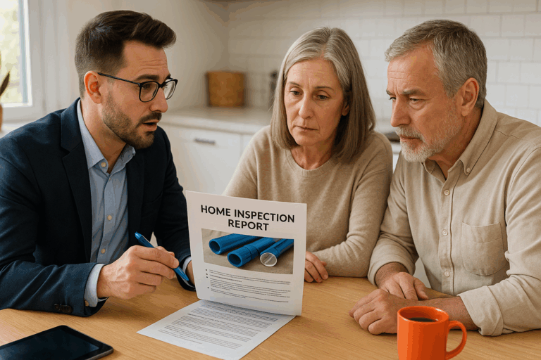 A real estate agent shows a mature couple a home inspection report featuring poly b pipes, highlighting concerns about selling a house with poly b plumbing in Calgary.