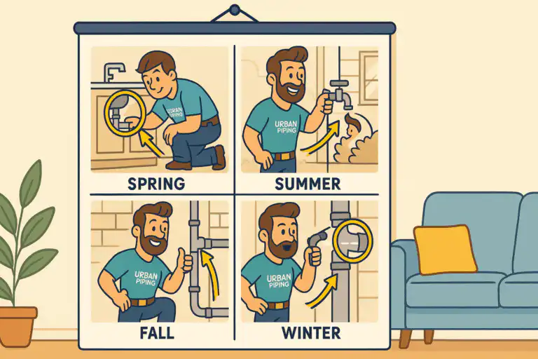 Cartoon showing Urban Piping technician performing seasonal checks on poly b plumbing for spring, summer, fall, and winter in a home setting.