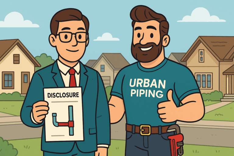 Cartoon of a realtor in a suit holding a poly b plumbing disclosure form next to an Urban Piping technician giving a thumbs up, with suburban houses in the background