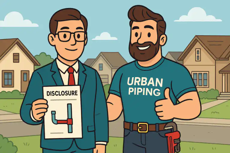 Cartoon of a realtor in a suit holding a poly b plumbing disclosure form next to an Urban Piping technician giving a thumbs up, with suburban houses in the background