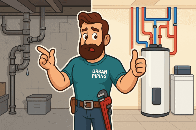 Selling a Canadian Home with Poly B Pipes: Disclosure & Strategy Guide 2 Cartoon plumber from Urban Piping comparing old leaking poly b pipes in a basement with new updated piping and water heater in a clean utility room, illustrating plumbing upgrades when selling a house in Calgary, Edmonton, or Vancouver.