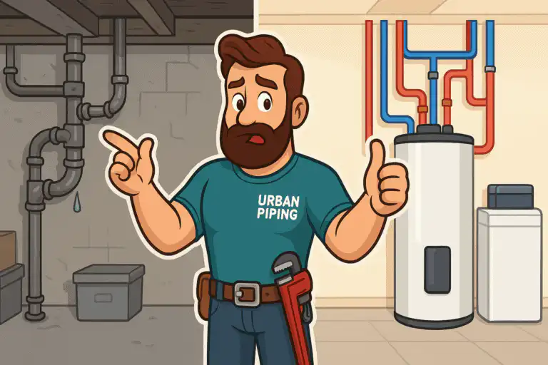 Cartoon plumber from Urban Piping comparing old leaking poly b pipes in a basement with new updated piping and water heater in a clean utility room, illustrating plumbing upgrades when selling a house in Calgary, Edmonton, or Vancouver.