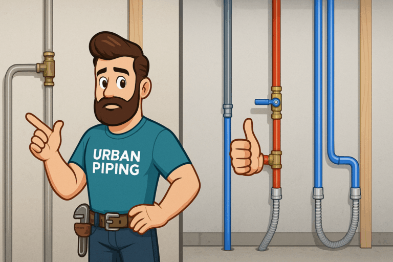 Cartoon plumber in Urban Piping shirt gesturing at color-coded plumbing pipes in a basement, emphasizing Poly B pipe replacement for selling homes in Calgary, Edmonton, and Vancouver