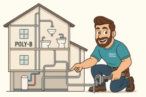 Cartoon plumber from Urban Piping inspecting poly b plumbing inside a cross section of a house, highlighting water pipes connected to sinks and toilets