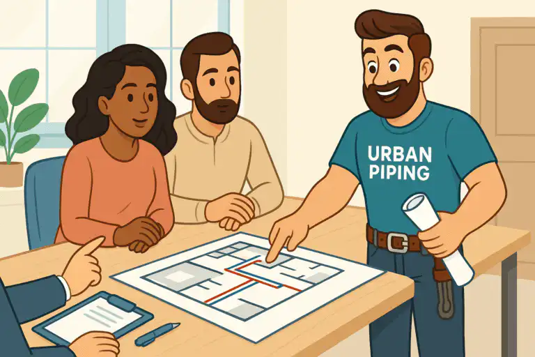 Urban Piping expert discusses home plumbing plans with clients, reviewing a blueprint showing pipe layouts, highlighting key considerations for buying a house with poly b in Vancouver