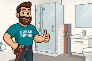 Cartoon plumber with Urban Piping shirt inspecting exposed red and blue poly b plumbing pipes in a modern bathroom with shower, sink, and toilet