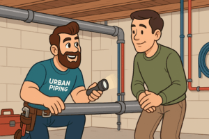 Poly B Replacement 78 Plumber in Urban Piping uniform discussing Poly-B plumbing and CMHC guidelines with a homeowner in a basement, with visible pipes on the wall