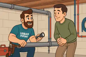 Plumber in Urban Piping uniform discussing Poly-B plumbing and CMHC guidelines with a homeowner in a basement, with visible pipes on the wall