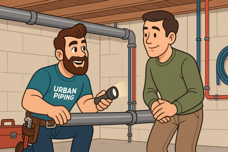 Poly B Replacement and Plumbing Services 31 Plumber in Urban Piping uniform discussing Poly-B plumbing and CMHC guidelines with a homeowner in a basement, with visible pipes on the wall