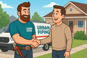 Urban Piping technician shaking hands with a smiling homeowner in front of a house and service van, representing reliable poly b plumbing solutions for selling a house in Calgary, Edmonton, or Vancouver