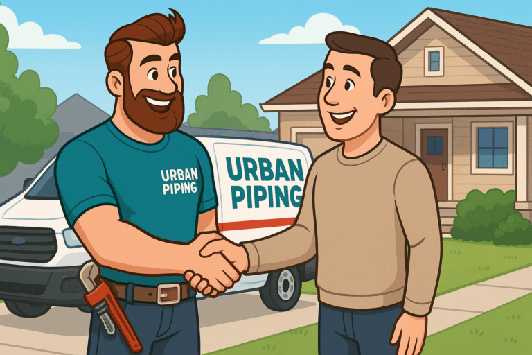 Urban Piping technician shaking hands with a smiling homeowner in front of a house and service van, representing reliable poly b plumbing solutions for selling a house in Calgary, Edmonton, or Vancouver