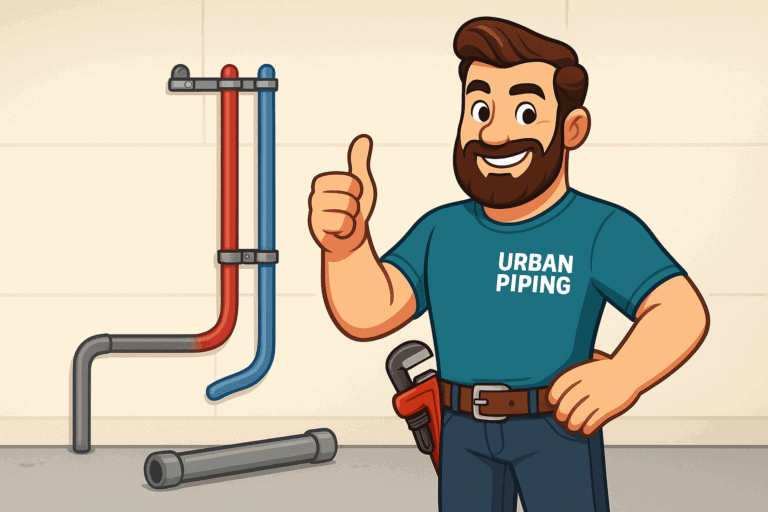 Insurance Coverage for Poly B Water Damage in Canada: What's Covered? 5 Illustration of a smiling plumber from Urban Piping giving a thumbs up next to red and blue plumbing pipes and a removed poly b pipe in a residential setting