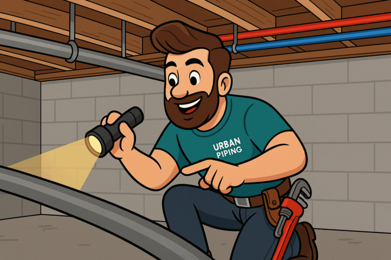 CMHC Guidelines for Poly B Pipes in Canadian Homes 3 Cartoon plumber in Urban Piping shirt inspecting grey poly b pipes in a basement using a flashlight, highlighting CMHC guideline compliance in Calgary, Edmonton, Vancouver