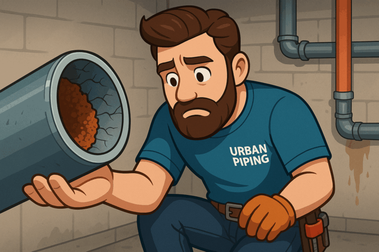 CMHC Guidelines for Poly B Pipes in Canadian Homes 1 Urban Piping technician examining a corroded poly b pipe with concern, showing deterioration in a basement plumbing system aligning with CMHC guidelines in Canada