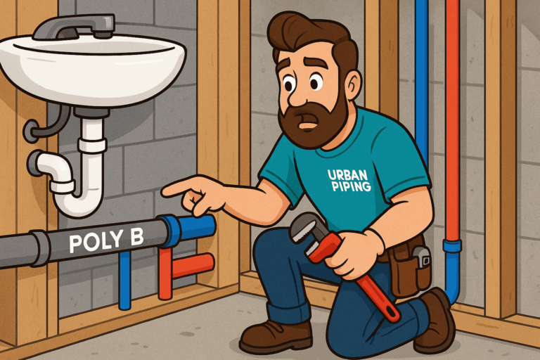 Cartoon plumber wearing Urban Piping shirt kneeling in unfinished basement inspecting poly b plumbing pipe beneath small sink, representing issues when selling a house with poly b in Edmonton