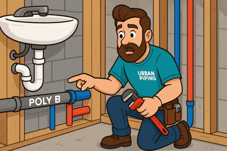 Cartoon plumber wearing Urban Piping shirt kneeling in unfinished basement inspecting poly b plumbing pipe beneath small sink, representing issues when selling a house with poly b in Edmonton