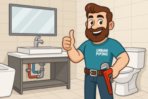 Cartoon Urban Piping plumber giving a thumbs up in a modern bathroom, standing with a wrench next to a sink with visible colored water pipes, illustrating poly b plumbing inspection in Canada.
