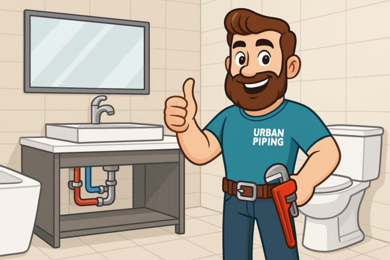 Identifying Poly B Pipes in Canadian Homes: National Visual Guide 6 Cartoon Urban Piping plumber giving a thumbs up in a modern bathroom, standing with a wrench next to a sink with visible colored water pipes, illustrating poly b plumbing inspection in Canada.