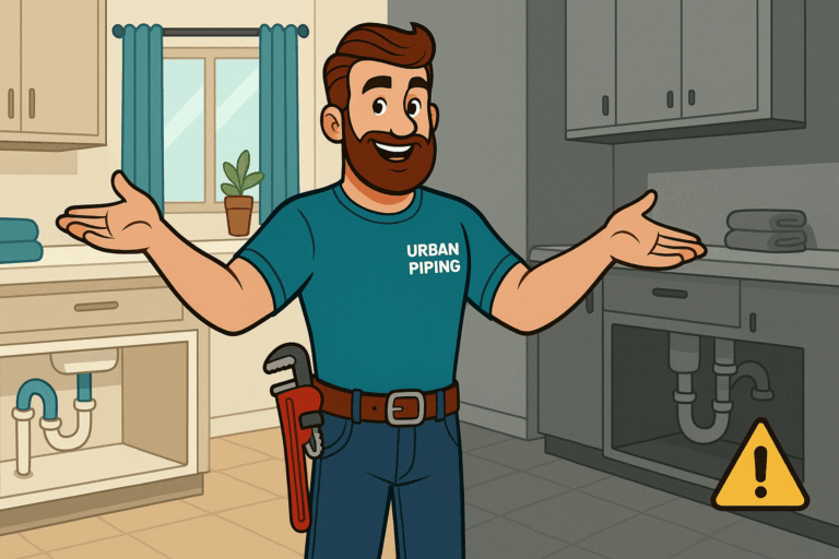 Cartoon plumber in Urban Piping shirt gesturing in a kitchen with visible plumbing, highlighting a warning about poly b pipes under the sink