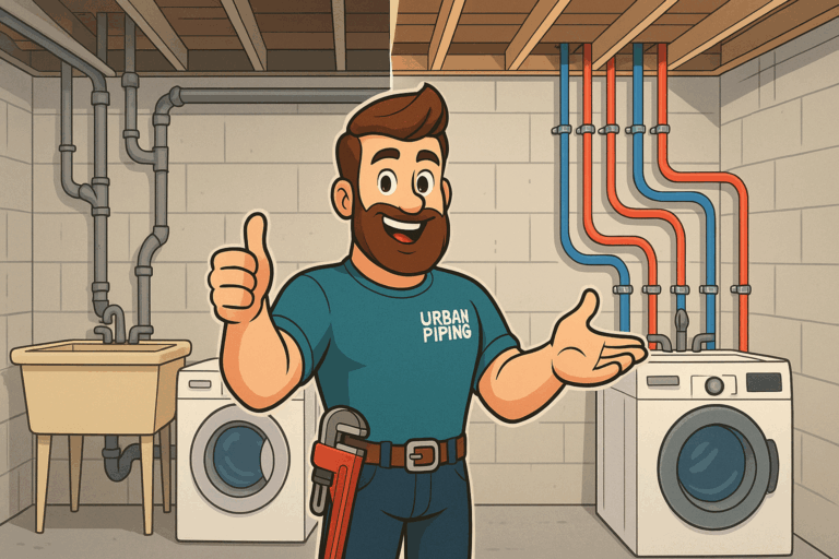 Cartoon plumber with Urban Piping shirt giving thumbs up in basement laundry room with washing machines and exposed poly b plumbing pipes in Calgary