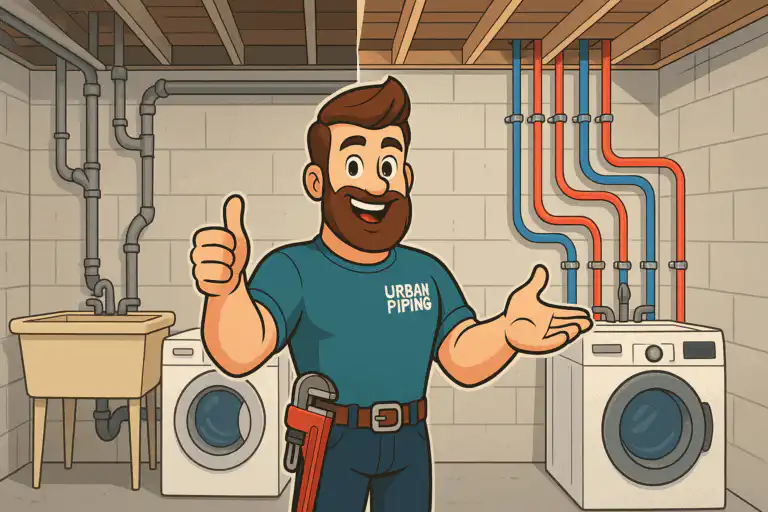 Cartoon plumber with Urban Piping shirt giving thumbs up in basement laundry room with washing machines and exposed poly b plumbing pipes in Calgary