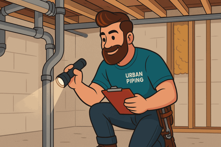 Cartoon plumber wearing Urban Piping shirt inspecting poly b pipes in a basement with a flashlight and clipboard in Calgary Edmonton or Vancouver