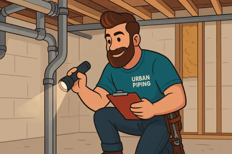 Cartoon plumber wearing Urban Piping shirt inspecting poly b pipes in a basement with a flashlight and clipboard in Calgary Edmonton or Vancouver