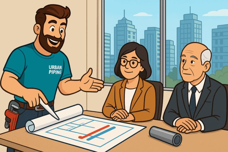 Vancouver Condo Poly B Repiping: Strata Process, Costs & Timeline 4 Urban Piping specialist explaining poly b replacement plans to condo board members in a modern Vancouver office setting